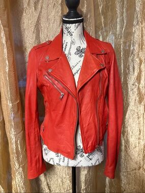 Zara Red Leather Moto Jacket with Silver Hardware